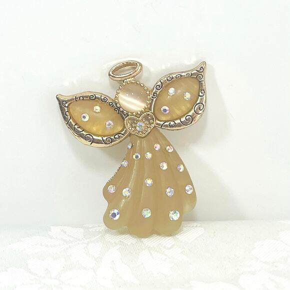 Vtg KC Kenneth Cole Angel Brooch Pin Lapel Aurora Borealis Lucite Halo Moonstone - Picture 1 of 6